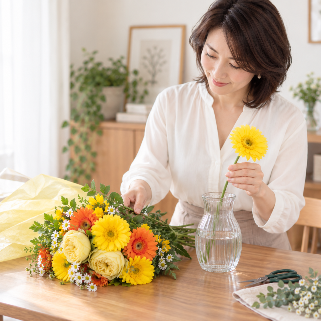 ガーベラの花束を花瓶に生ける様子